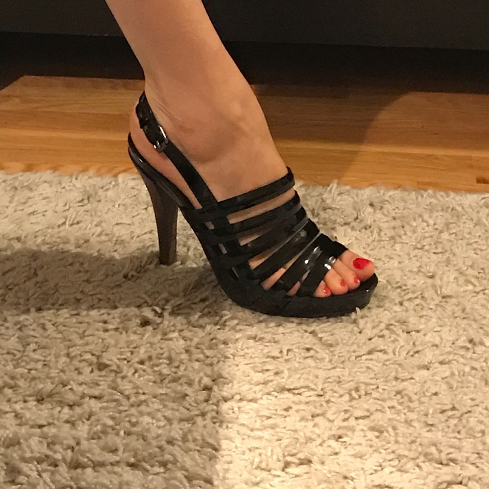 Black patent leather high heeled sandals